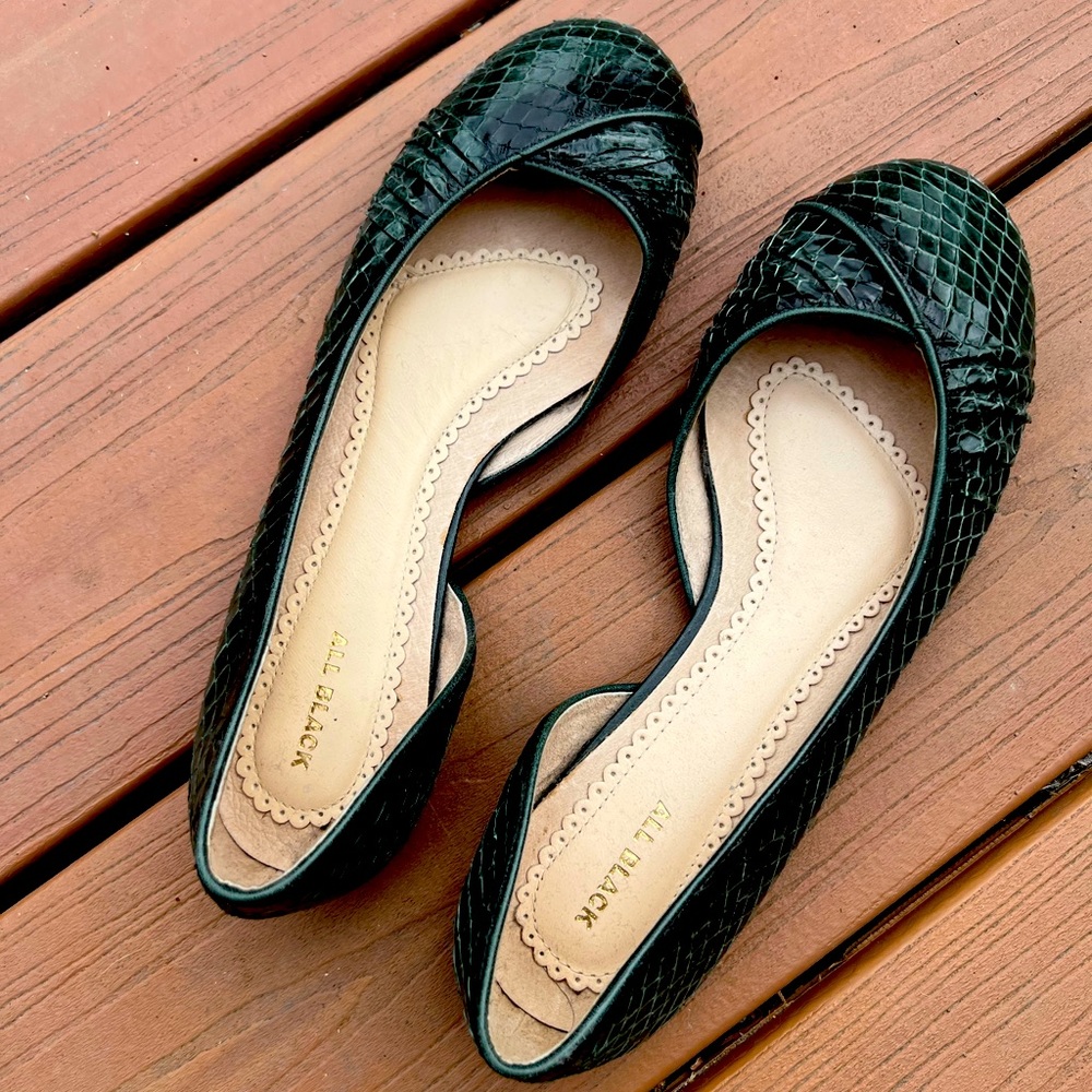 All Black brand dark green faux snakeskin flats.  Size 7.  Great condition.